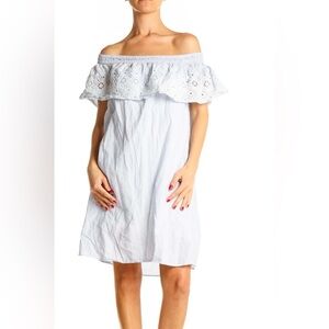 Loft Off The Shoulder Eyelet Summer Shift Dress White & Blue Stripe - L